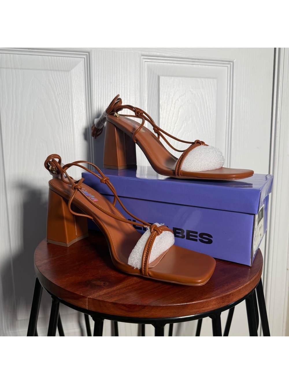 Strappy Wrap Lace Up Around Ankle Leg Block Heels Sandals Square Toe Tan Summer